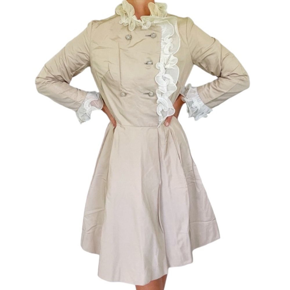 Vintage Mr. Frank New York tan ruffle trim jacket style wrap dress size 12